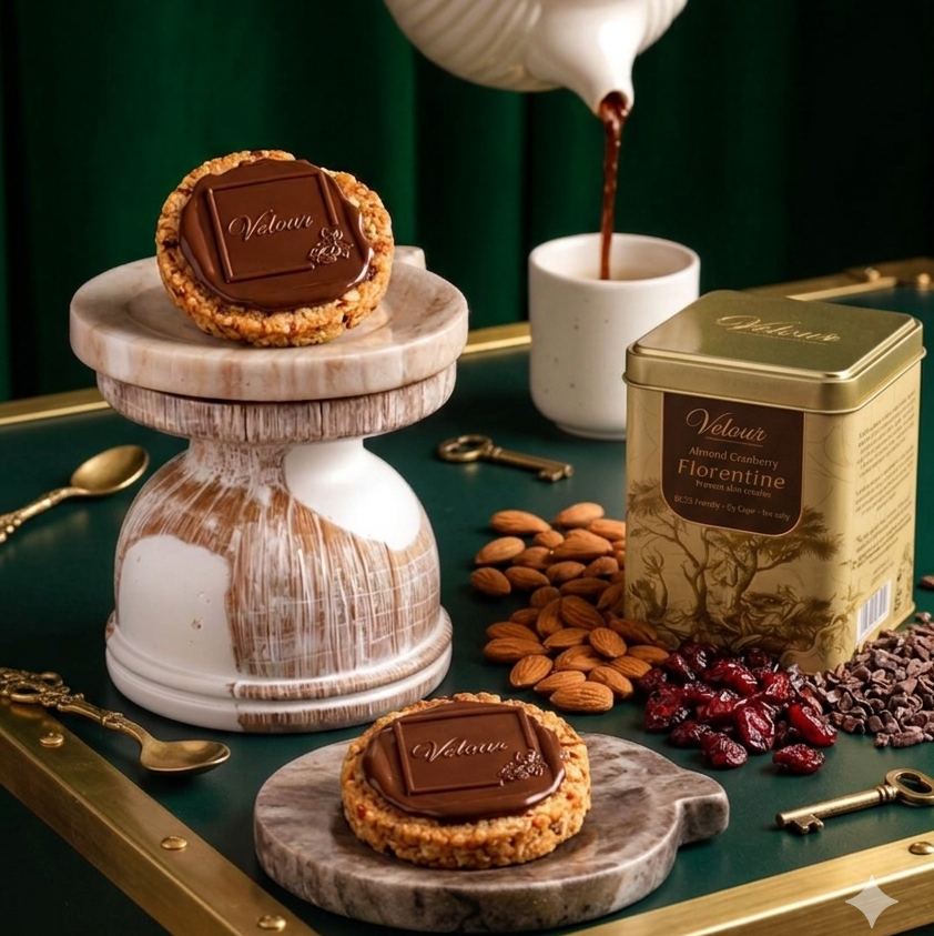 Tea being poured into a cup with cookies, nuts, and a tea canister on a green surface.