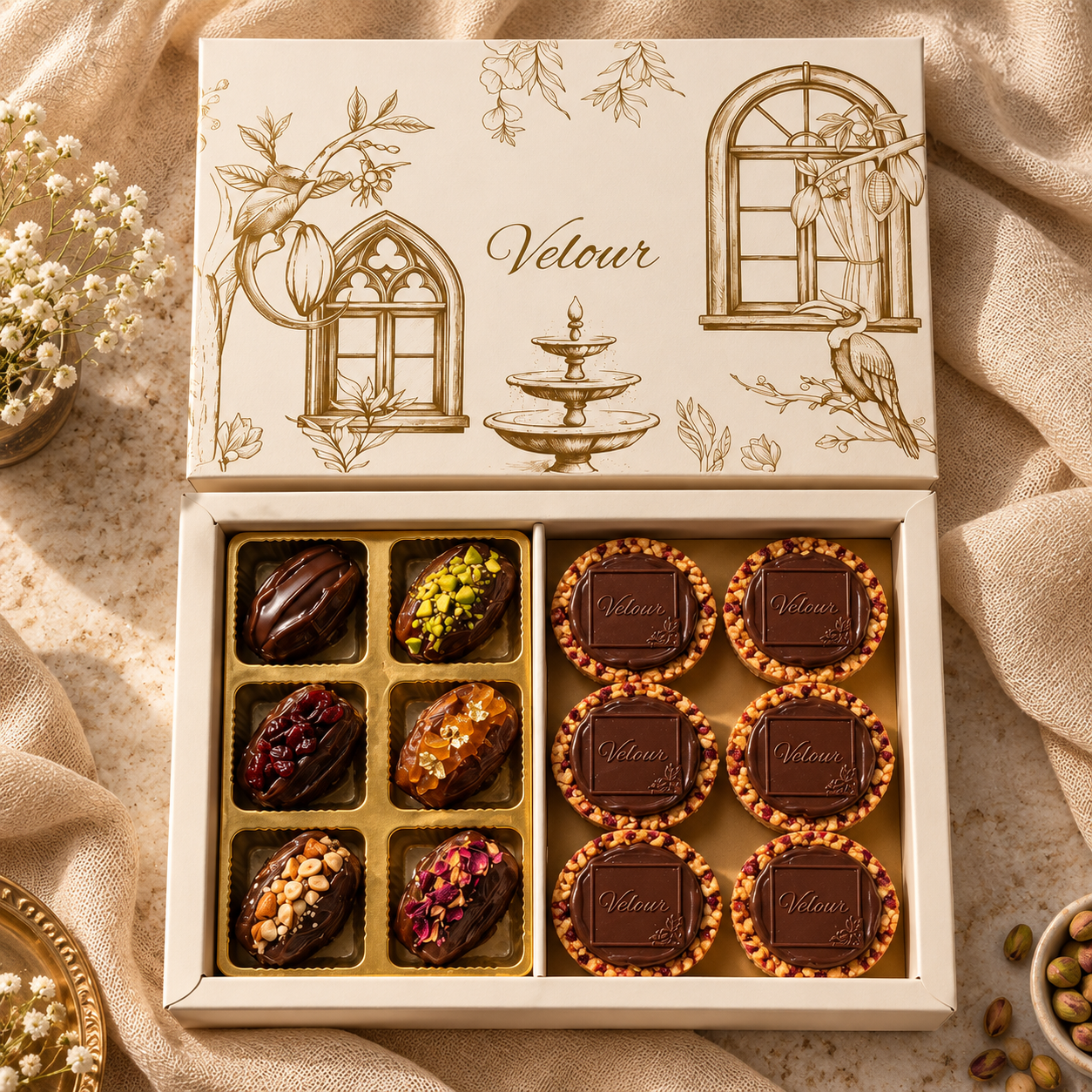 Velour Stuffed Dates & Cookie Gift Box open, full contents overhead view