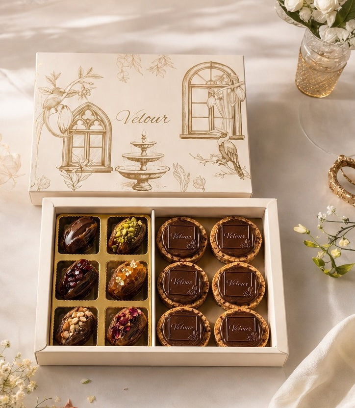 Velour Stuffed Dates & Cookie Gift Box, three-quarter angle hero shot