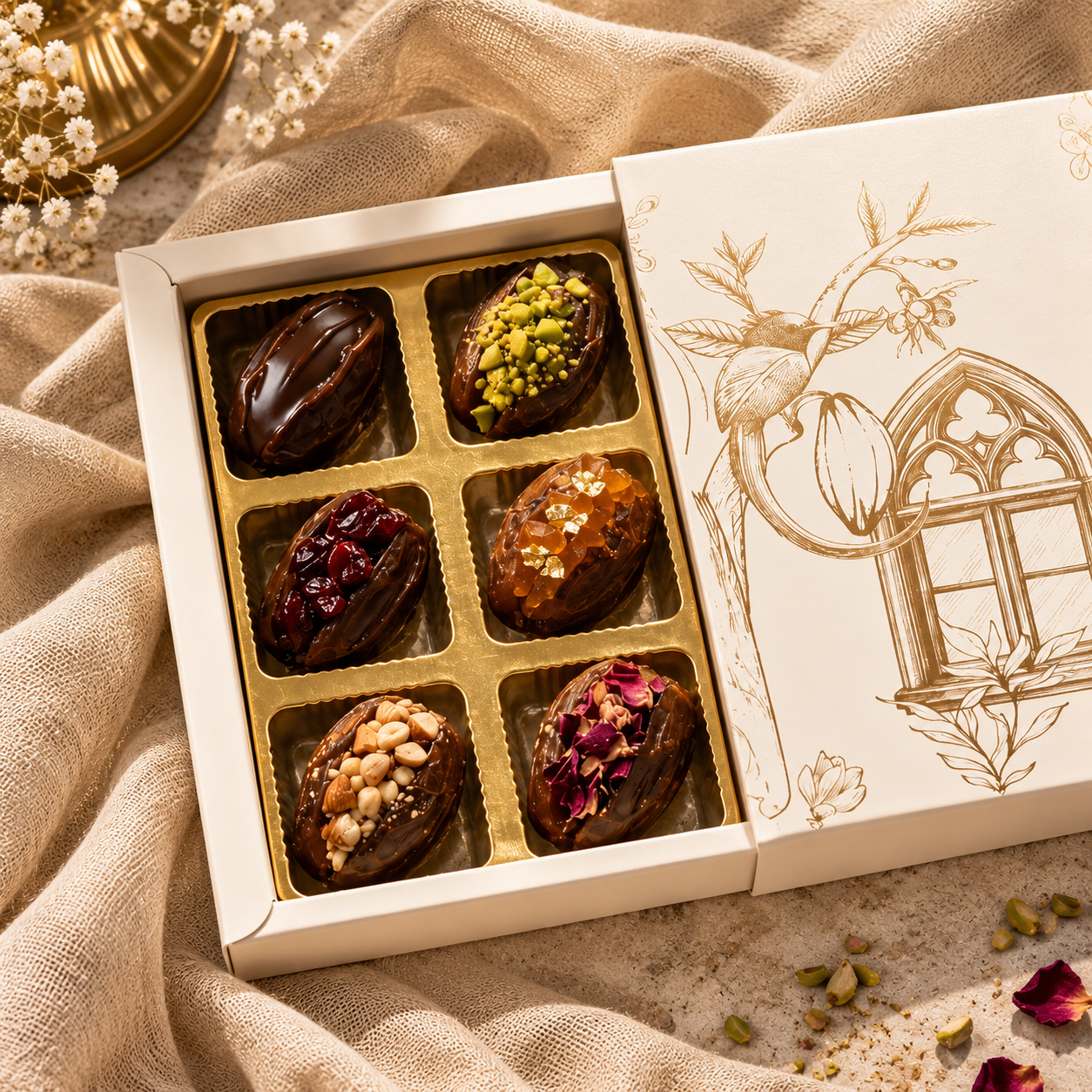 Velour stuffed Medjool dates detail, six flavors