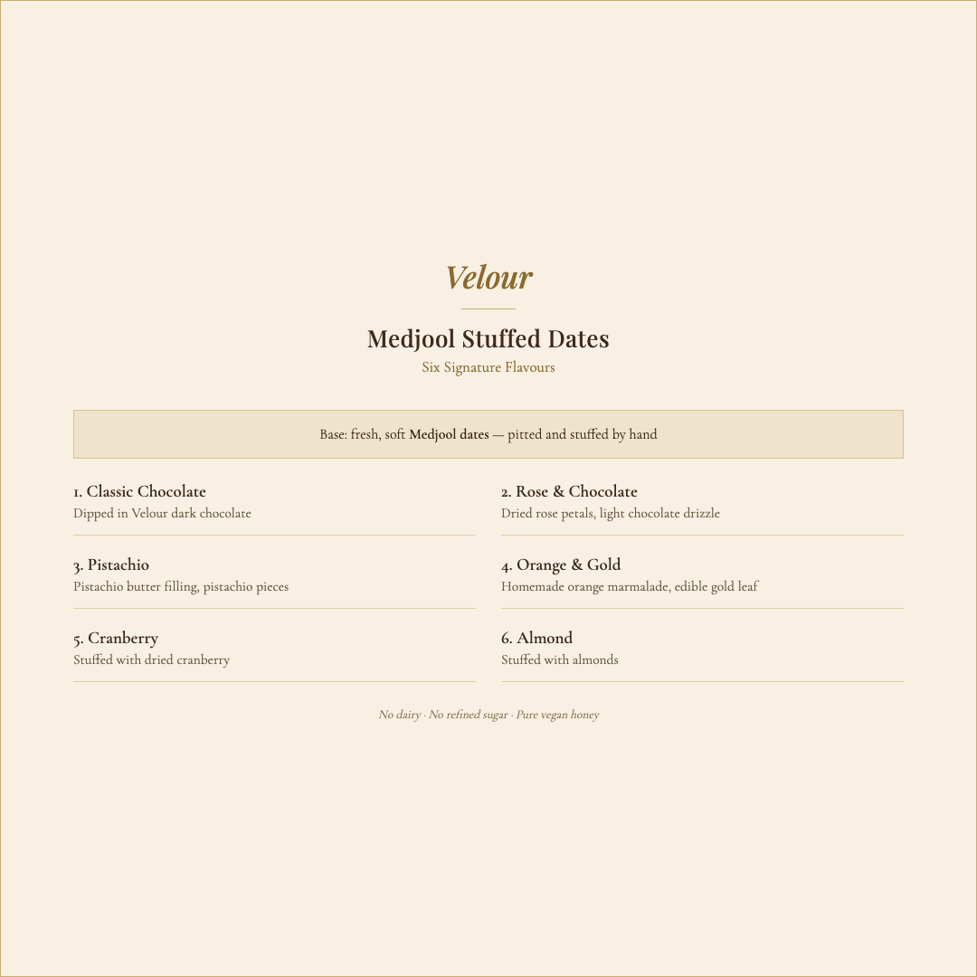 Velour Medjool Stuffed Dates six signature flavours