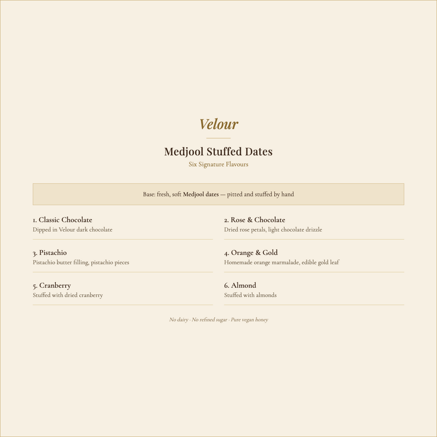 Velour Medjool Stuffed Dates six signature flavours