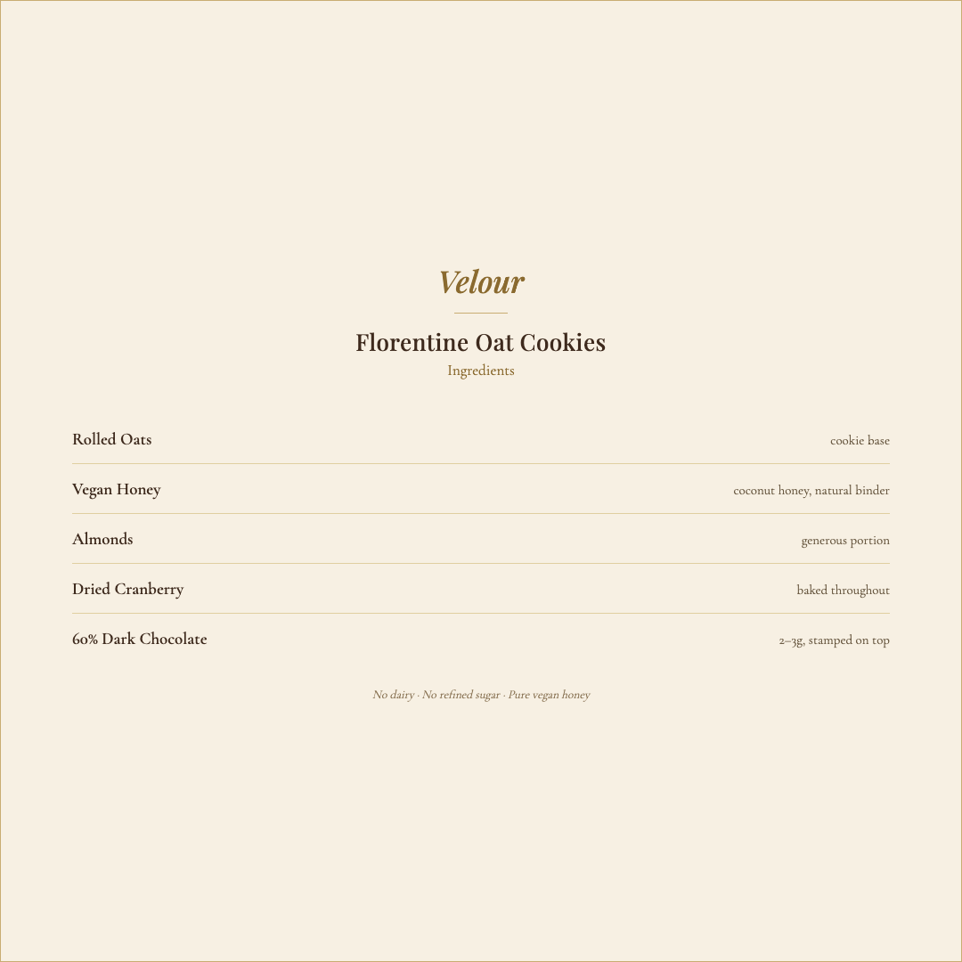 Velour Florentine Oat Cookies ingredients
