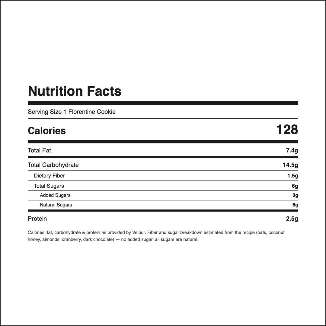 Velour Florentine Oat Cookie nutrition facts