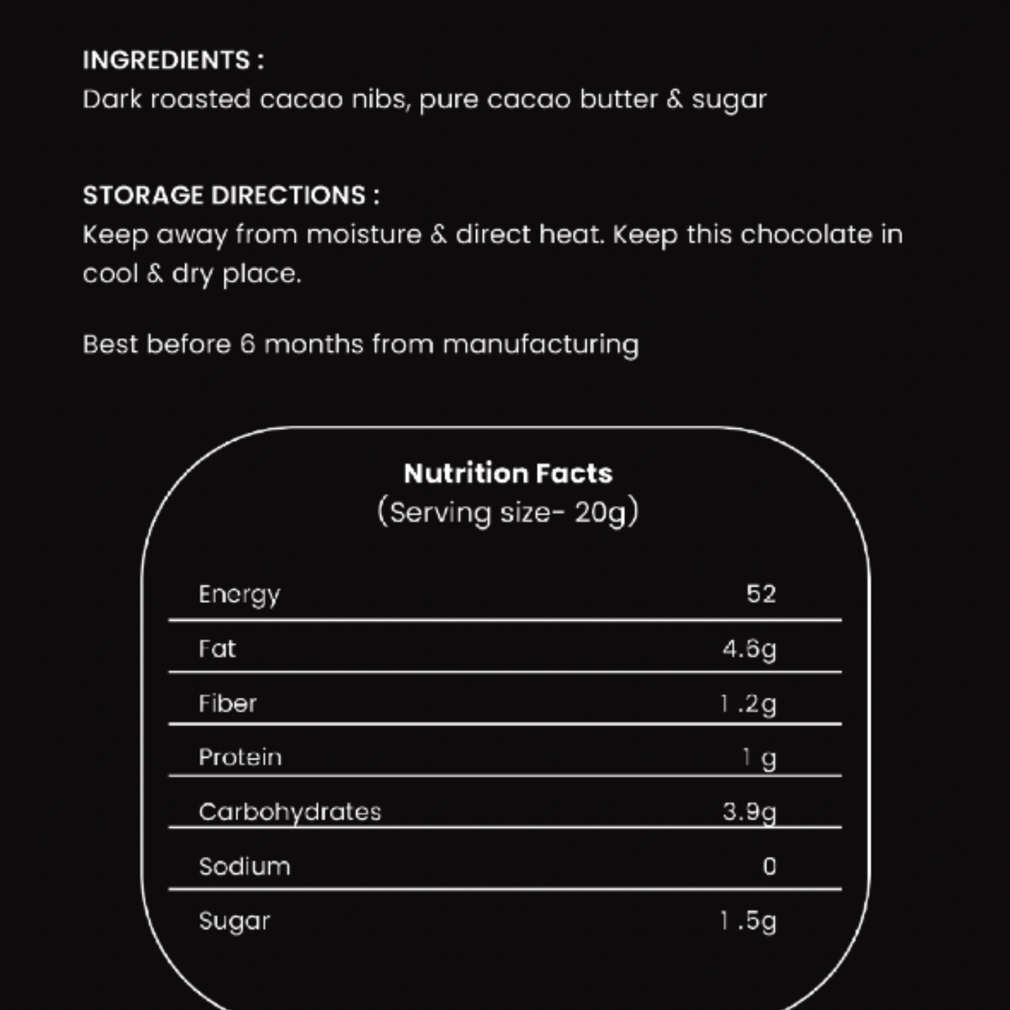 Nutrition facts label for a chocolate product on a black background