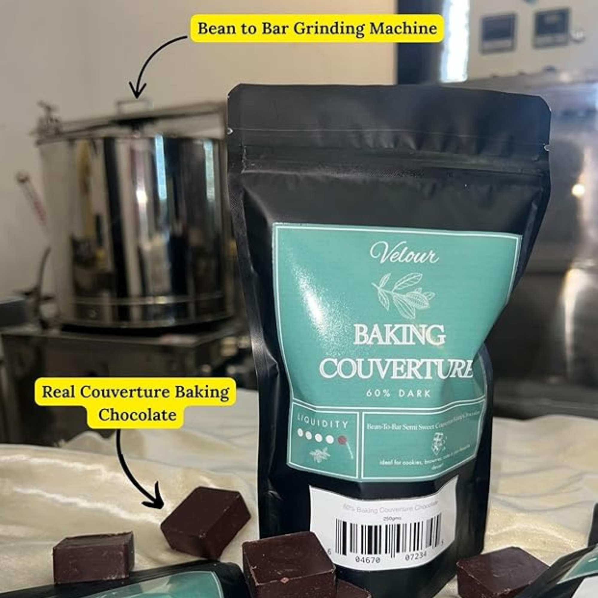 Baking couverture chocolate package with text highlighting 'Bean to Bar Grinding Machine' and 'Real Couverture Baking Chocolate'.