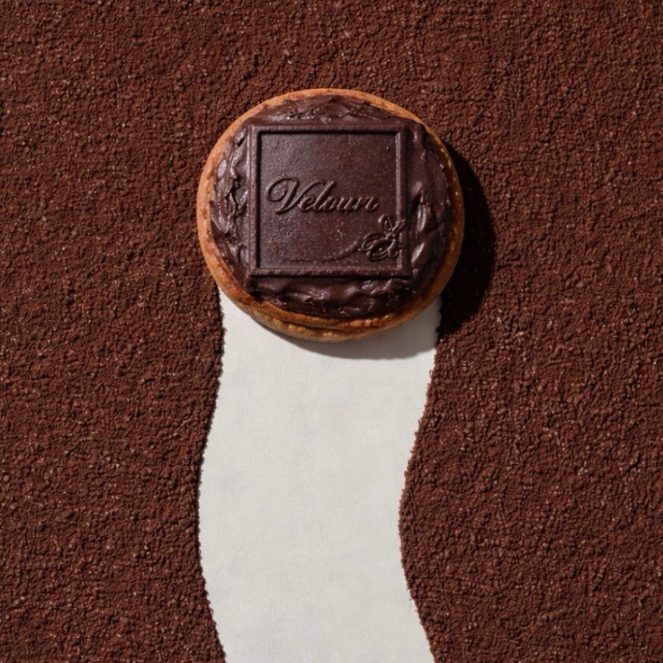 Chocolate cookie with a brand logo on a brown background