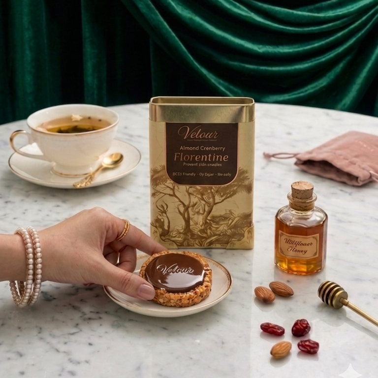 Tea bag with honey on a marble table against a green curtain background
