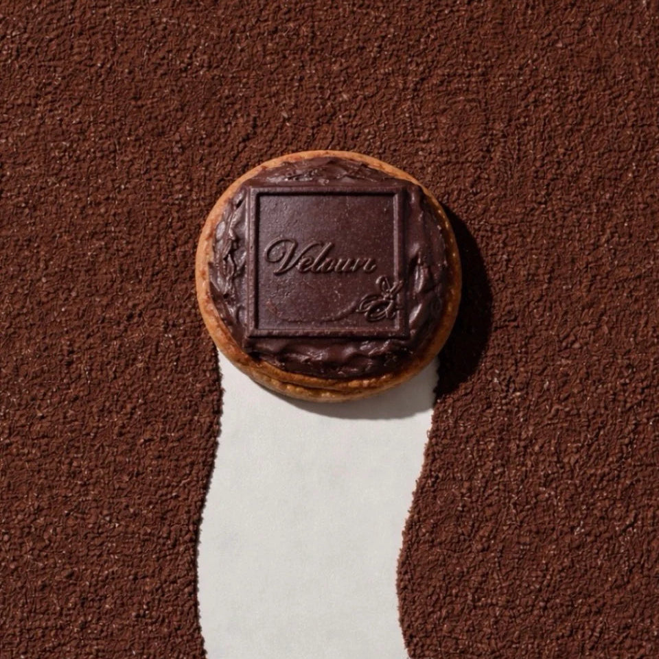 Chocolate cookie with a brand logo on a brown background