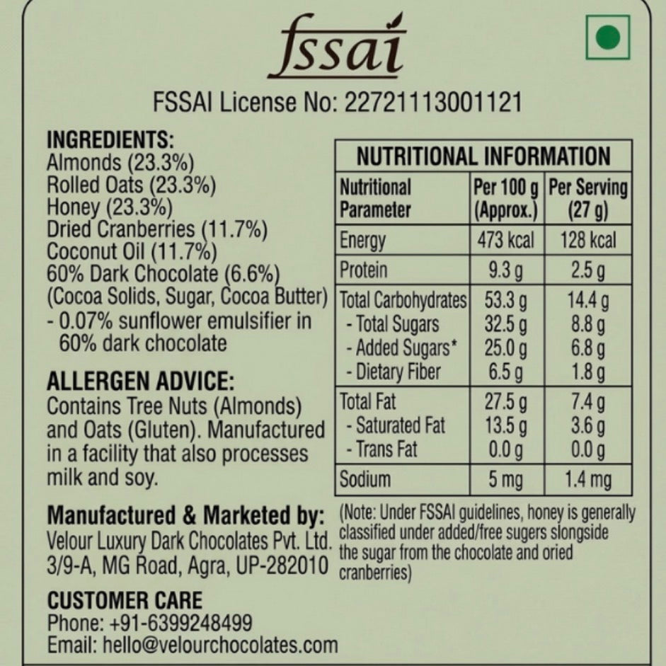 Nutritional label with ingredients and allergen information for a product, featuring FSSAI license details.