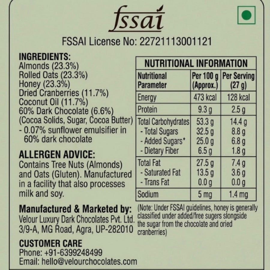Nutritional label with ingredients and allergen information for a product, featuring FSSAI license details.