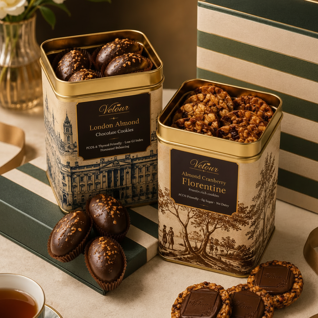 Two tins of chocolate cookies on a table with a cup of tea and flowers.