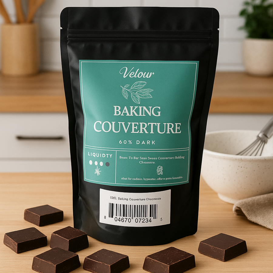 Velour Baking Couverture packaging with chocolate pieces on a kitchen counter