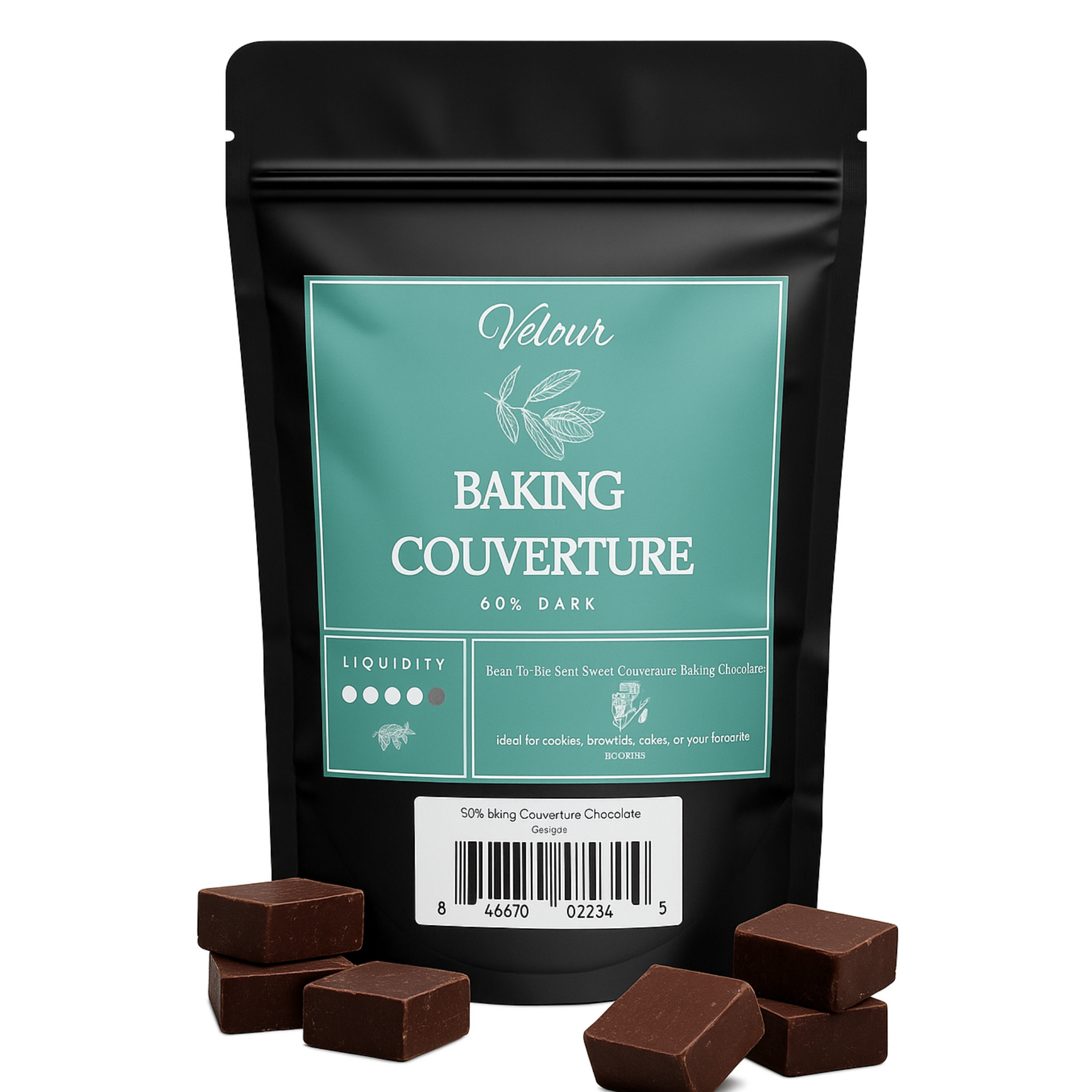 Velour Baking Couverture chocolate packaging with pieces of chocolate in front on a white background