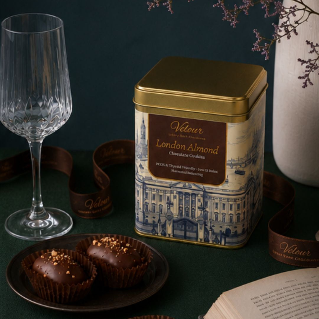 Velour London Almond chocolate cookie tin with a glass of wine and cookies on a dark surface.