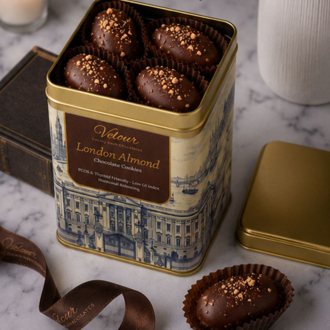 Velour London Almond chocolate cookies in a decorative tin on a marble surface with a candle and vase in the background.