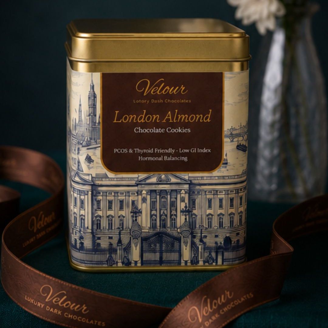 Velour London Almond chocolate cookies tin with decorative design and ribbon on a dark background