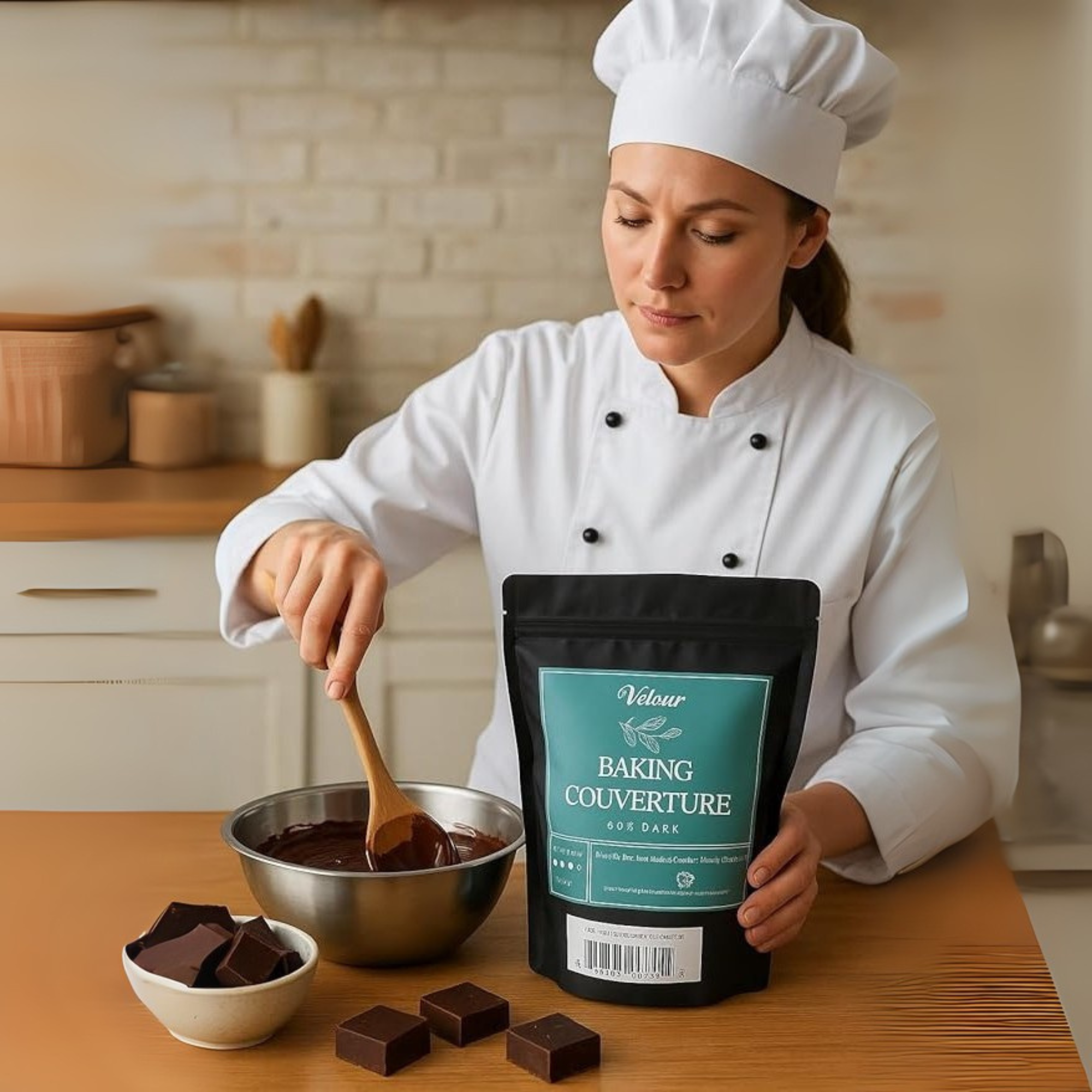 Person in a chef's outfit mixing chocolate with a bag of Velour baking couverture in a kitchen.