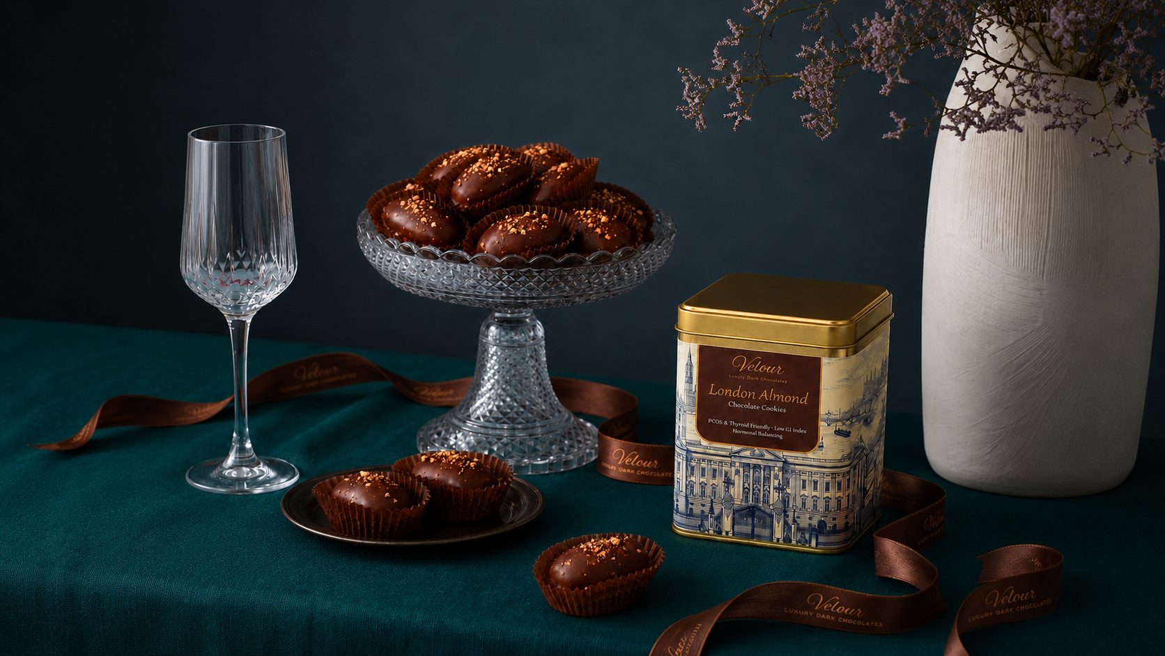 Candied fruits on a glass stand with a decorative box, wine glass, and vase on a dark surface.