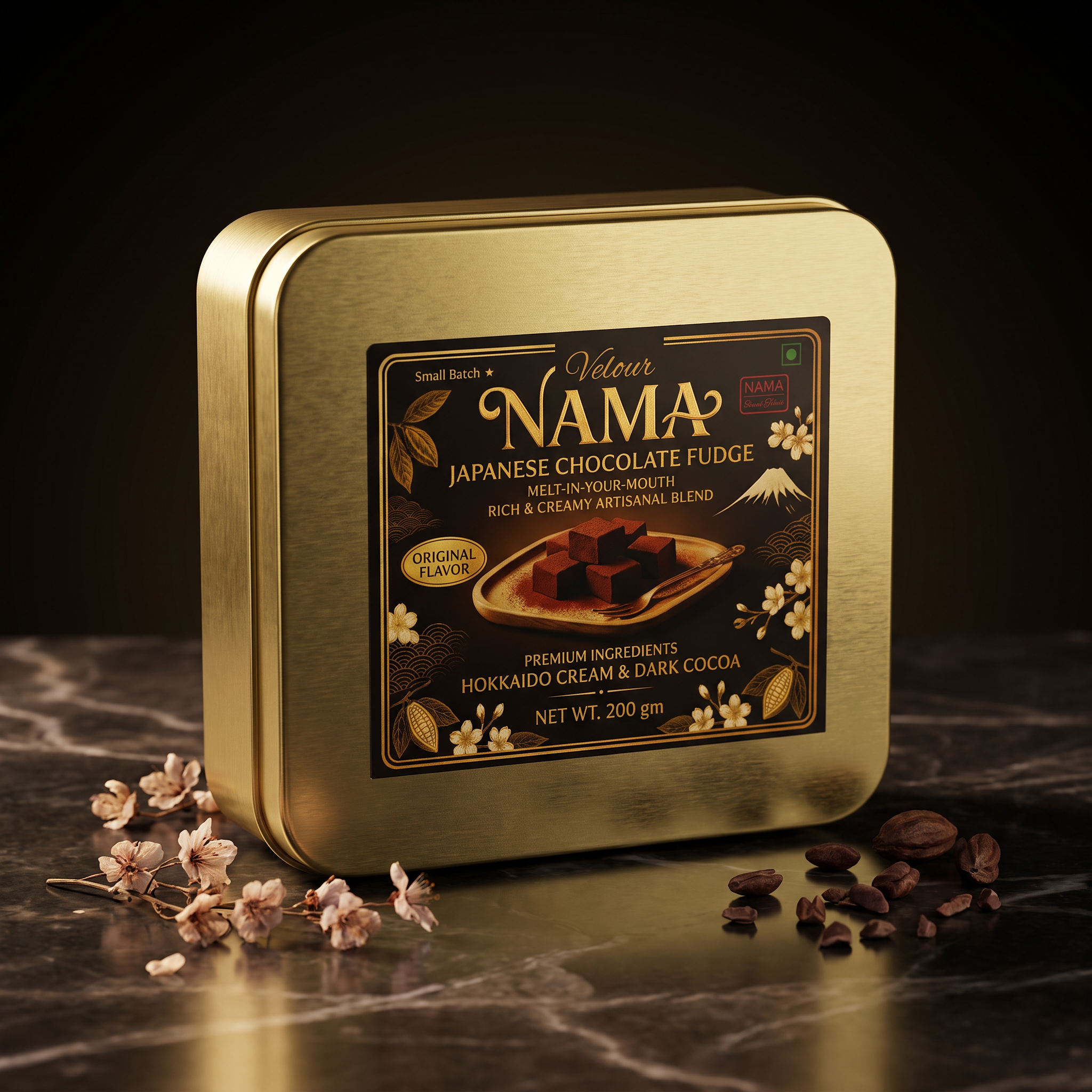 Velour Nama Japanese-Style Dark Chocolate Fudge gold tin, hero shot