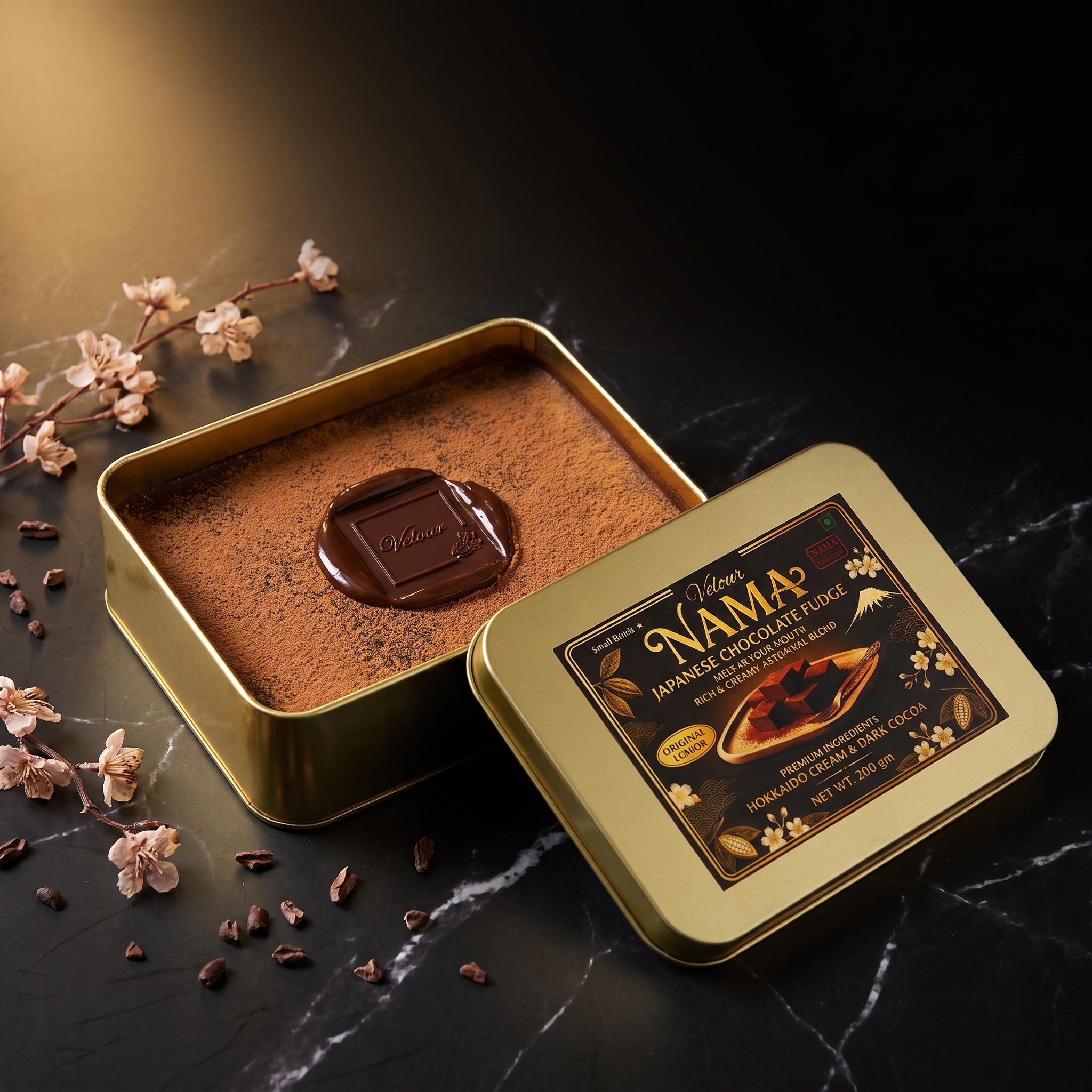 Velour Nama fudge tin open, showing cocoa-dusted fudge and embossed Velour chocolate stamp