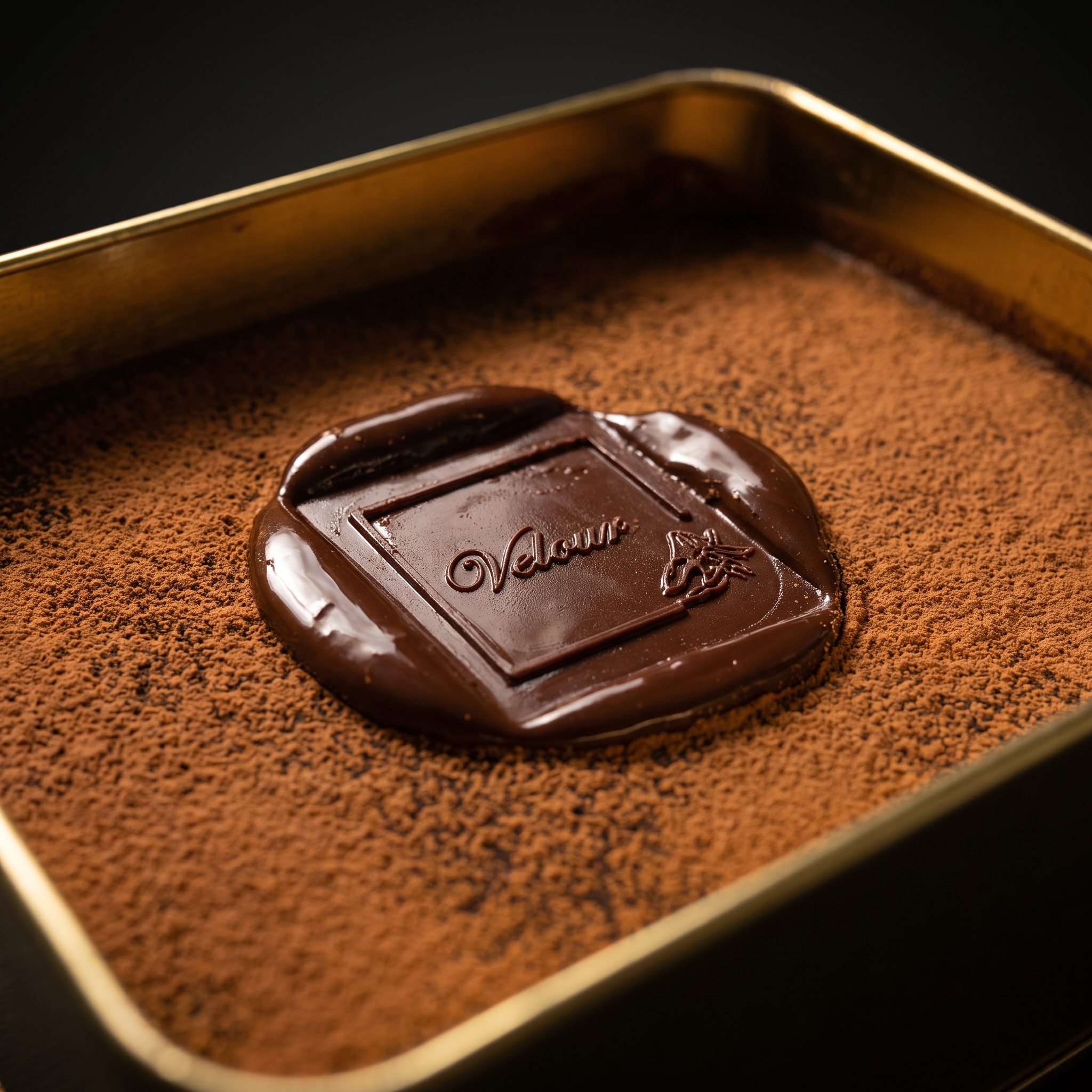 Macro close-up of the embossed Velour chocolate stamp on Nama fudge