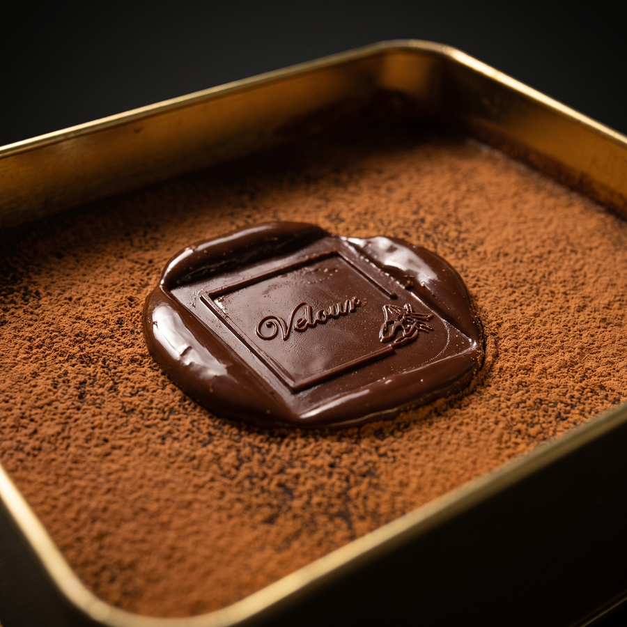 Macro close-up of the embossed Velour chocolate stamp on Nama fudge