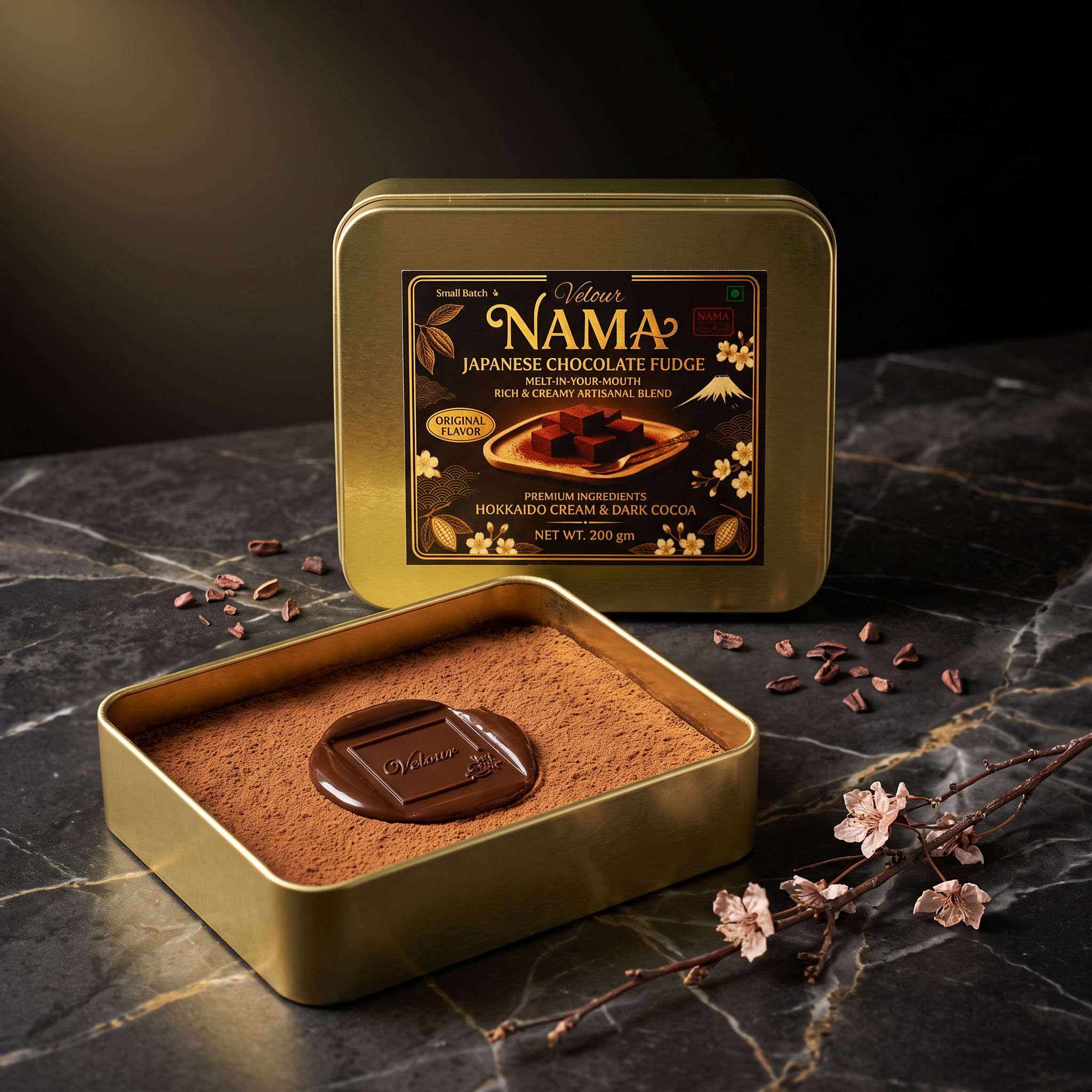 Velour Nama fudge tin, closed and open shown together with cherry blossom styling