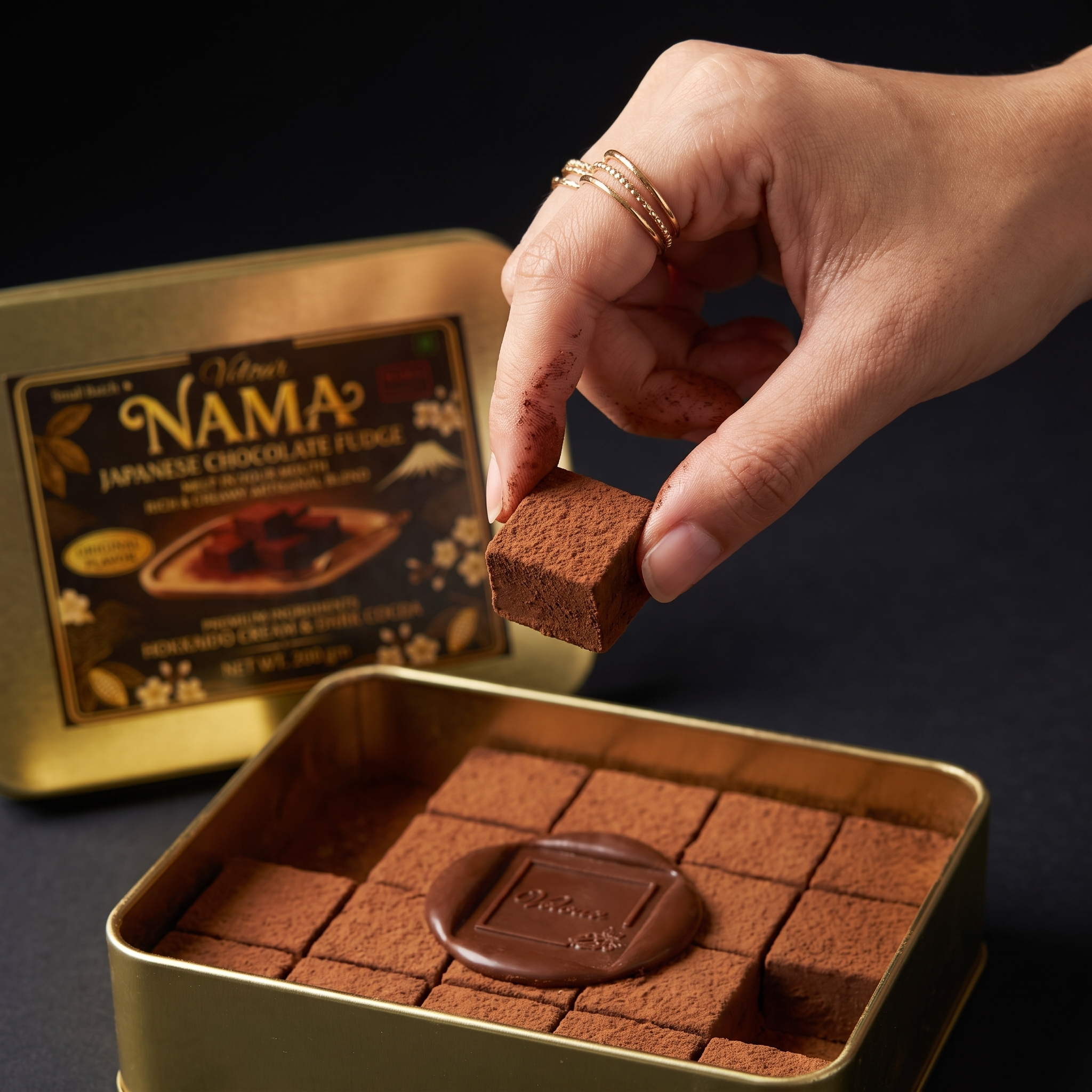 Hand picking up a cocoa-dusted Velour Nama fudge cube from the tin