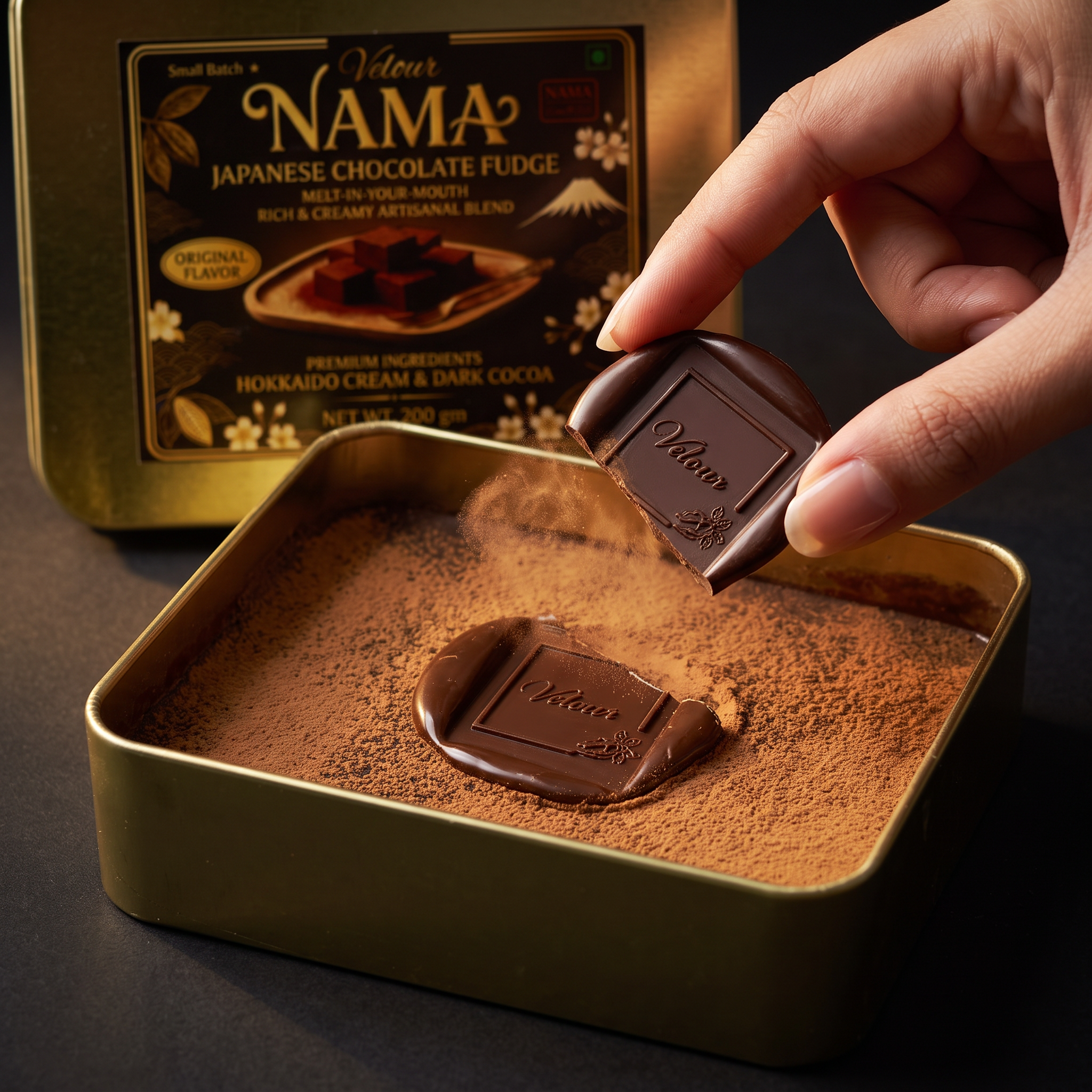 Hand breaking the embossed Velour chocolate stamp off Nama fudge